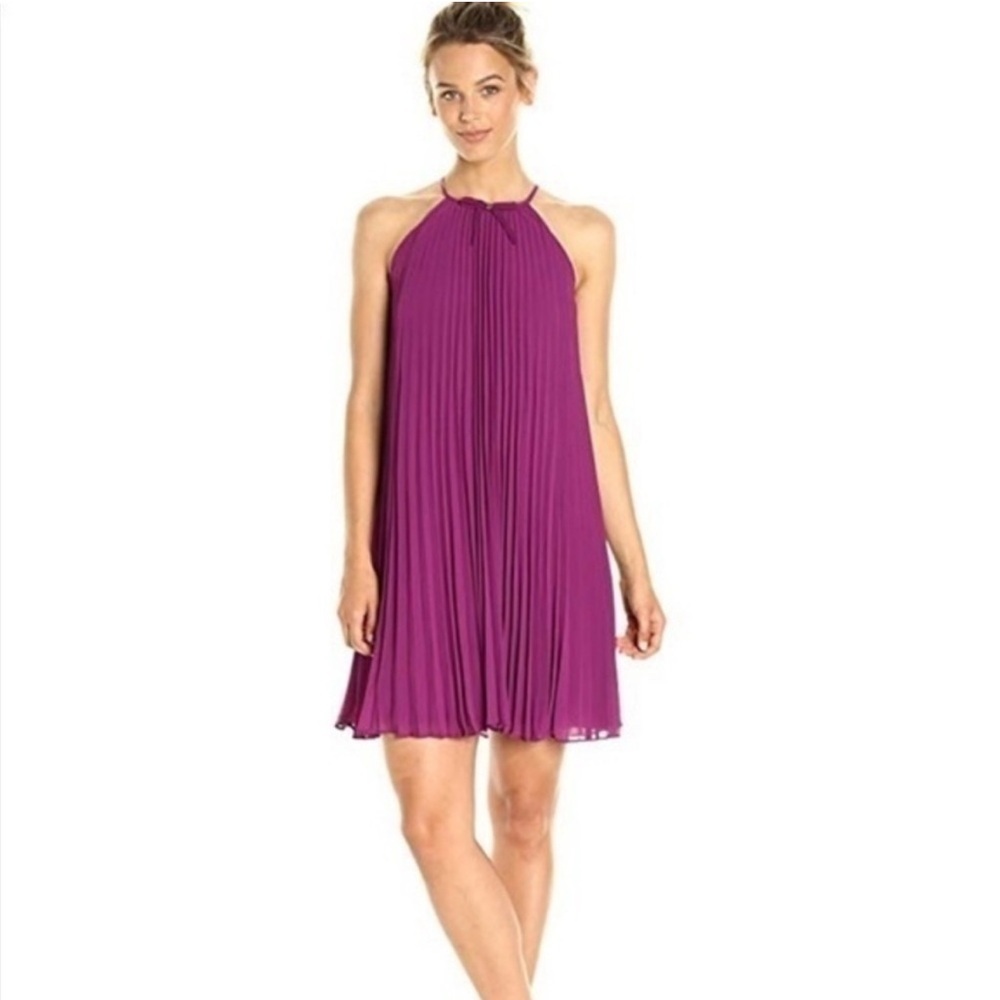 Ted Baker Emelay Magenta Pleated Shift Dress, Sz 6, Cocktail Party Halter Style